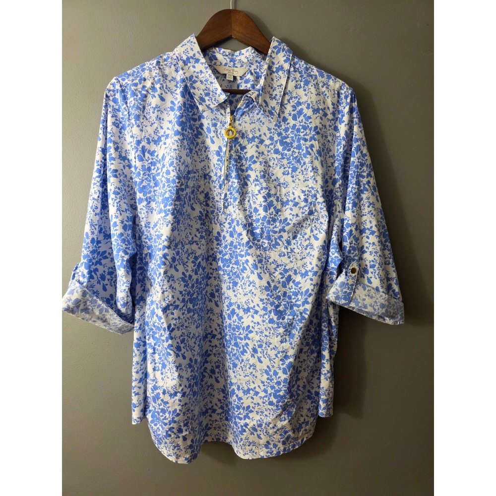 Coral Bay Woman Blue White Floral Quarter Zip Roll Tab Sleeve Top 2X